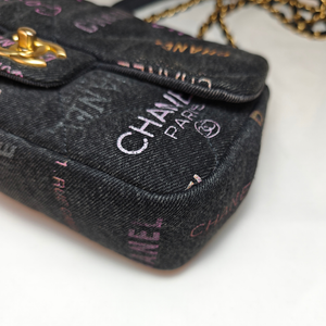CHANEL Black Logo Printed Quilted Denim Small Mood Flap Bag Aged Gold Hardware, 2022