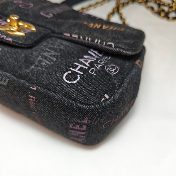 将图片加载到图库查看器，CHANEL Black Logo Printed Quilted Denim Small Mood Flap Bag Aged Gold Hardware, 2022
