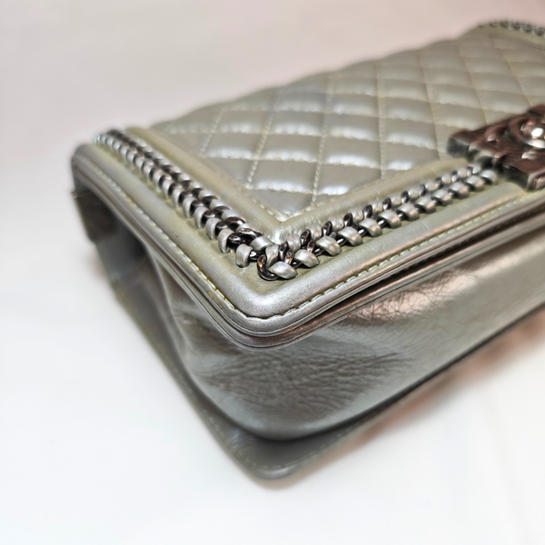 Load image into Gallery viewer, CHANEL Boy Top Handle Silver Lambskin Flap Bag
