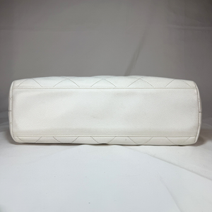 CHANEL Vintage White Caviarskin Leather Wood Handle Hand Bag