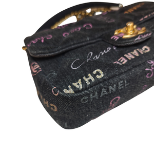 CHANEL Black Logo Printed Quilted Denim Small Mood Flap Bag Aged Gold Hardware, 2022