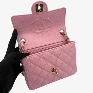 CHANEL Vintage Pink Caviar Leather 17cm Mini Square Flap Bag Gold CC Logo Hardware　