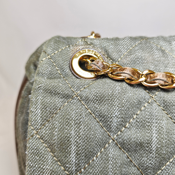 Load image into Gallery viewer, CHANEL Khaki / Brown Quilted Denim and Leather CC Backpack
