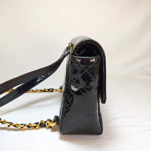 CHANEL Black Flap Backpack Patent Leather Gold CC Logo Hardware