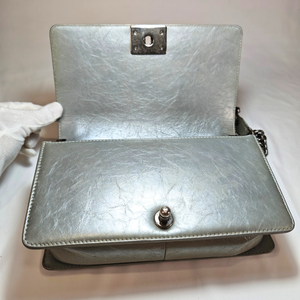 CHANEL Boy Top Handle Silver Lambskin Flap Bag