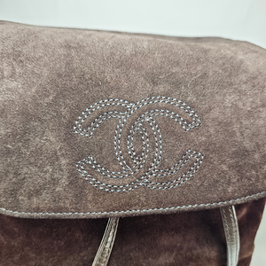CHANEL Vintage CC Logo Brown Suede Drawstring Flap Backpack Bag