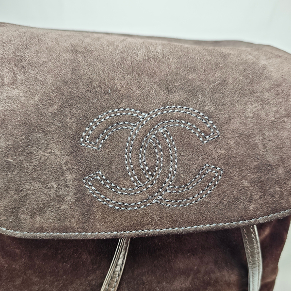 Load image into Gallery viewer, CHANEL Vintage CC Logo Brown Suede Drawstring Flap Backpack Bag
