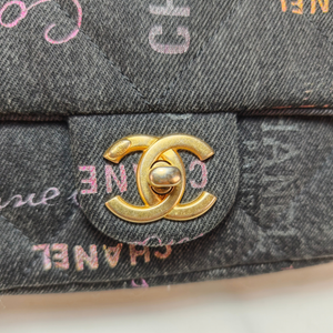 CHANEL Black Logo Printed Quilted Denim Small Mood Flap Bag Aged Gold Hardware, 2022