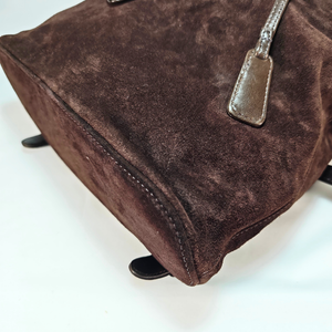 CHANEL Vintage CC Logo Brown Suede Drawstring Flap Backpack Bag