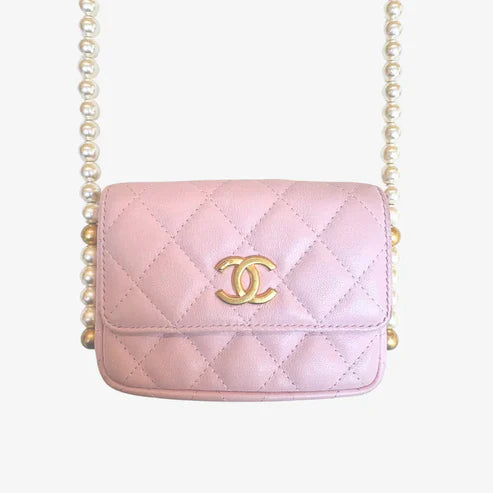 将图片加载到图库查看器，CHANEL Pink Calfskin Imitation Pearl Flap Card Holder With Chain
