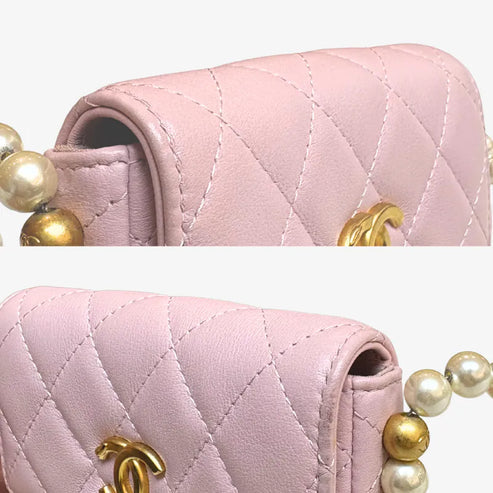 将图片加载到图库查看器，CHANEL Pink Calfskin Imitation Pearl Flap Card Holder With Chain
