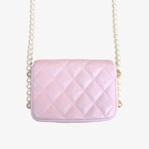 CHANEL Pink Calfskin Imitation Pearl Flap Card Holder With Chain