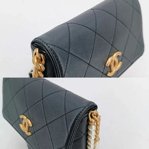 CHANEL Black Calfskin Imitation Pearls Flap Bag