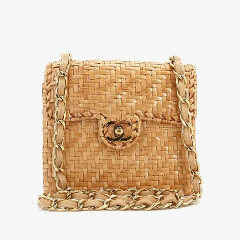 将图片加载到图库查看器，CHANEL Vintage Brown Rattan 17cm Mini Square Flap Bag
