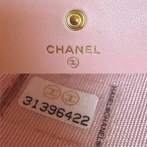 CHANEL Pink Calfskin Imitation Pearl Flap Card Holder With Chain