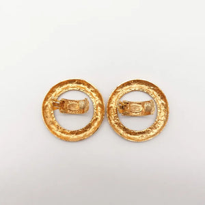 CHANEL Vintage Gold Tone Quilted Large Hoop Plated Clip-On Earrings