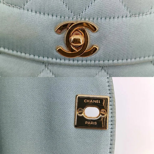 将图片加载到图库查看器，CHANEL Vintage Light Blue Satin Gold Chain 19cm Diana Flap Bag
