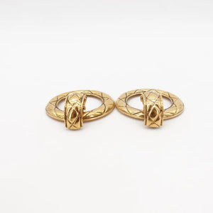 CHANEL Vintage Gold Tone Quilted Large Hoop Plated Clip-On Earrings