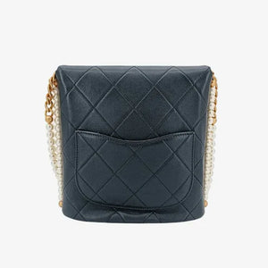 CHANEL Black Calfskin Imitation Pearls Flap Bag
