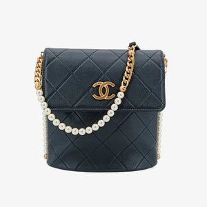 CHANEL Black Calfskin Imitation Pearls Flap Bag