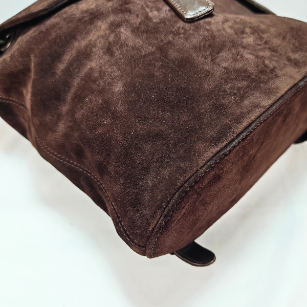 Load image into Gallery viewer, CHANEL Vintage CC Logo Brown Suede Drawstring Flap Backpack Bag

