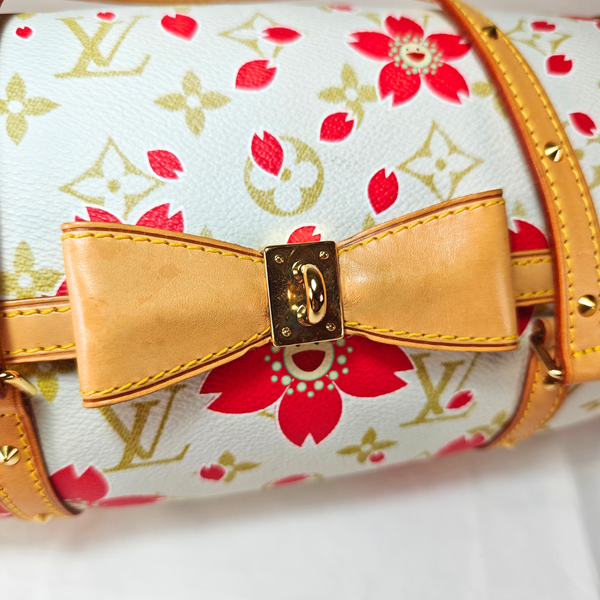 Load image into Gallery viewer, LOUIS VUITTON Papillon handbag Cherry Blossom Takashi Murakami Monogram Canvas White/Raspberry Pink Magnet type
