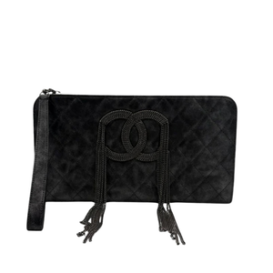 CHANEL Black Calfskin Quilted Chain CC Wristlet Clutch