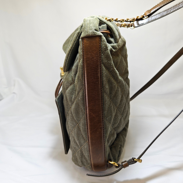 Load image into Gallery viewer, CHANEL Khaki / Brown Quilted Denim and Leather CC Backpack
