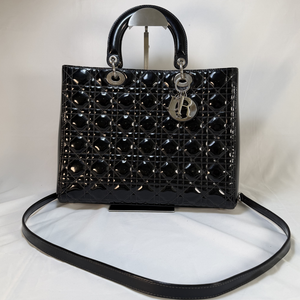 Lady Dior Patent Leather Black Quilted Large Handbag