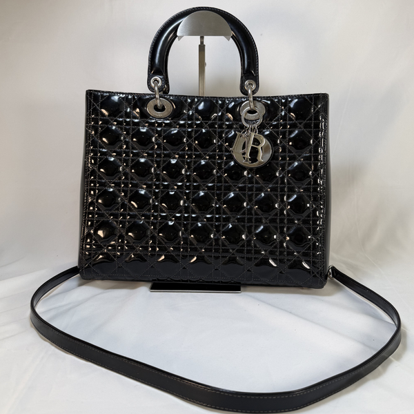 将图片加载到图库查看器，Lady Dior Patent Leather Black Quilted Large Handbag
