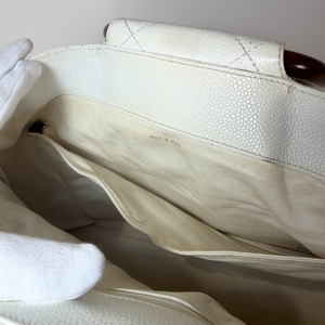 CHANEL Vintage White Caviarskin Leather Wood Handle Hand Bag