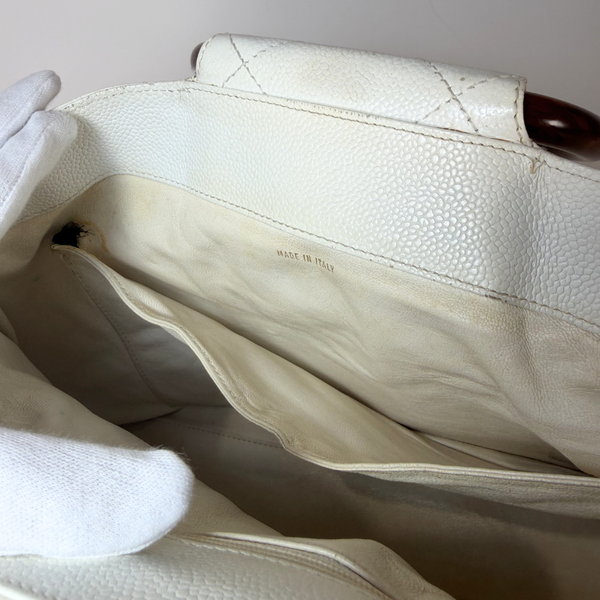 Load image into Gallery viewer, CHANEL Vintage White Caviarskin Leather Wood Handle Hand Bag

