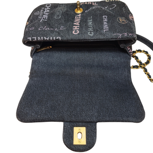 CHANEL Black Logo Printed Quilted Denim Small Mood Flap Bag Aged Gold Hardware, 2022