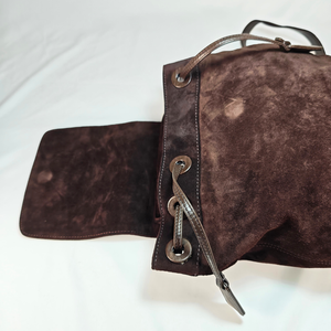CHANEL Vintage CC Logo Brown Suede Drawstring Flap Backpack Bag