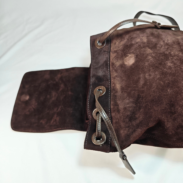 Load image into Gallery viewer, CHANEL Vintage CC Logo Brown Suede Drawstring Flap Backpack Bag
