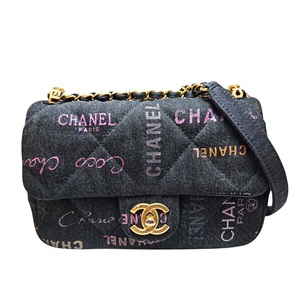 CHANEL Black Logo Printed Quilted Denim Small Mood Flap Bag Aged Gold Hardware, 2022