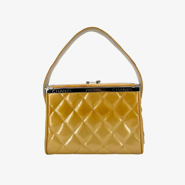 将图片加载到图库查看器，CHANEL Vintage Yellow Patent Leather Quilted Mini Metal Box Bag

