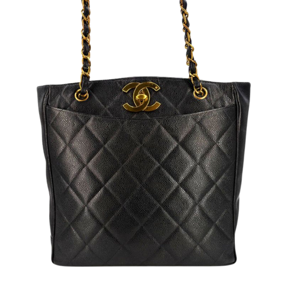 将图片加载到图库查看器，CHANEL Vintage Black Caviar Leather Big CC Turnlock Tote Bag
