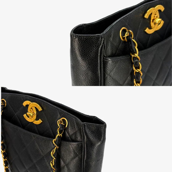 将图片加载到图库查看器，CHANEL Vintage Black Caviar Leather Big CC Turnlock Tote Bag
