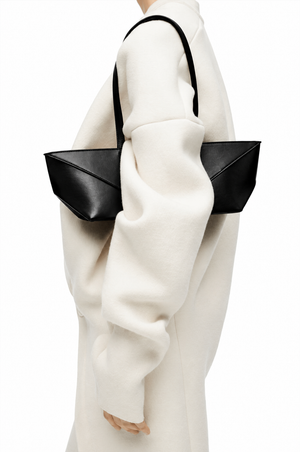 LOEWE Cropped Puzzle Fold Shoulder Bag In Shiny Calfskin Black
